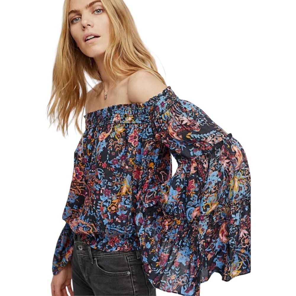 FREE PEOPLE Women’s Free Spirit Floral Printed Off Shoulder Top Blue Extra Small